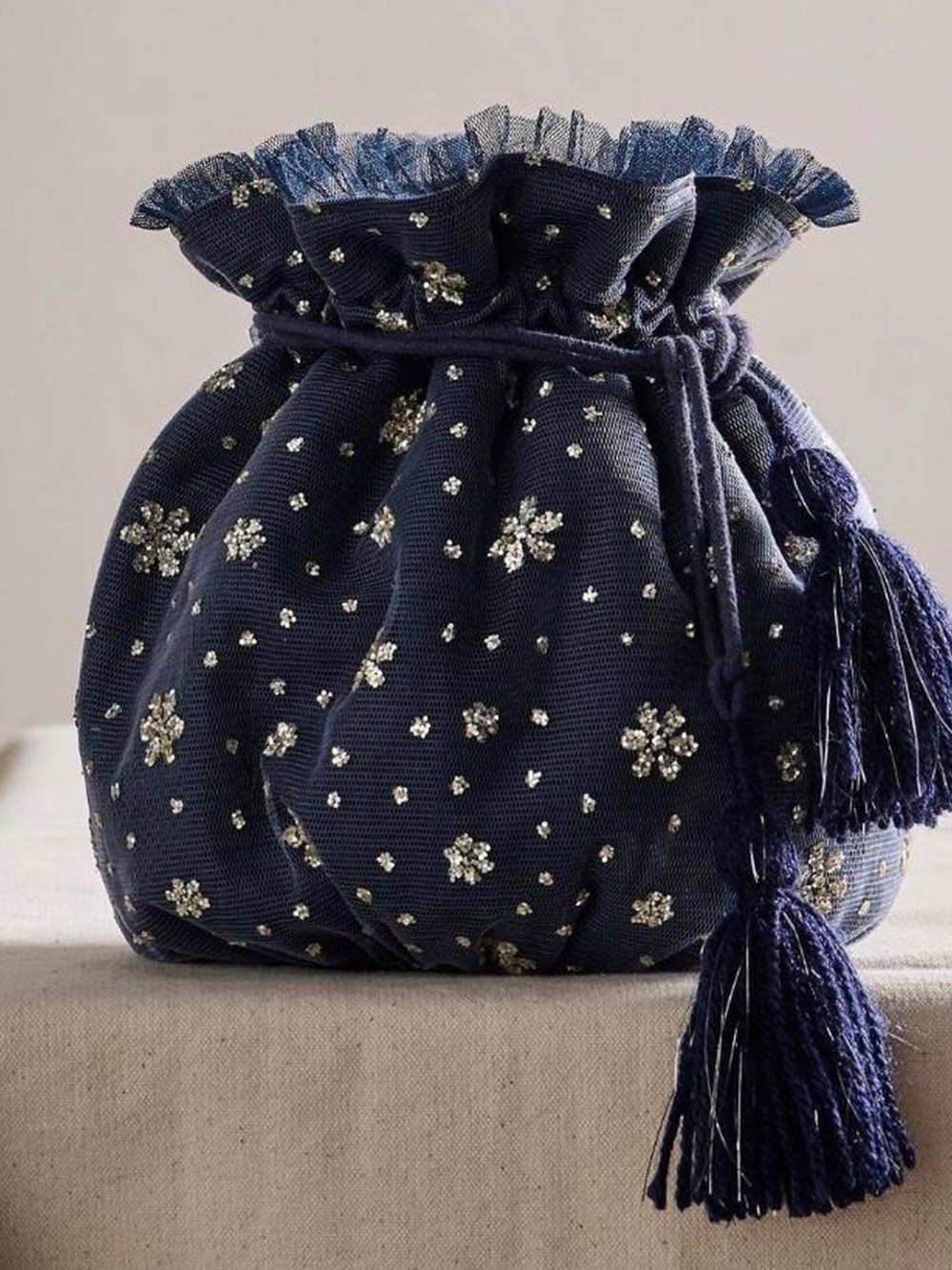 Free People Mini Drawstring Bag Women’s Makeup Travel Gift Pouch Blue Sparkle